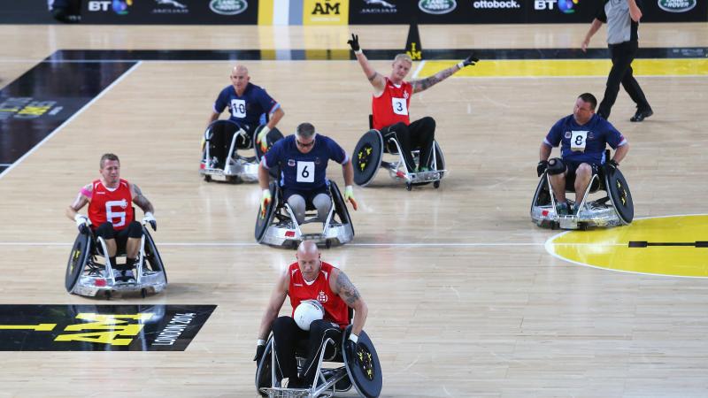 Jens Syberg of Denmark makes a break during the Wheelchair Rugby Bronze medal match against Australia during day 2 of the Invictus Games