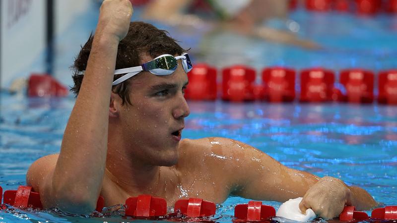 Blake Cochrane of Australia celebrates after winning gold in the Men's 100m Breaststroke - SB7 Final at the London 2012 Paralympic Games. 