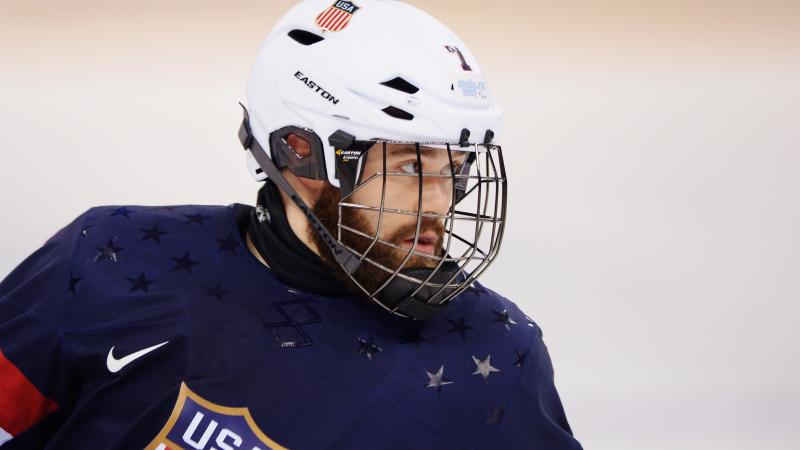 Taylor Lipsett of the United States looks on during the Ice Sledge Hockey Preliminary Round Group A match between the United States of America and Italy at Shayba Arena, Sochi, Russia
