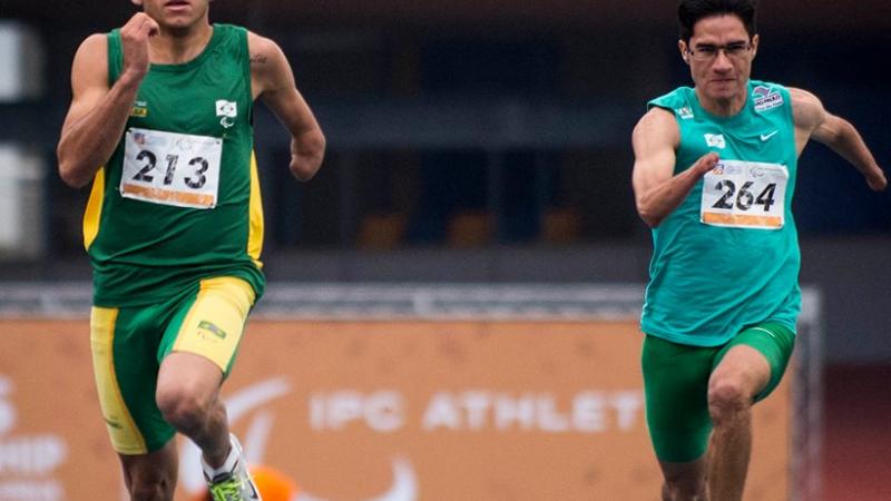 Petrucio Ferreira on his way to breaking the 200m T47 world record at the 2015 IPC Athletics Grand Prix in Sao Paulo, Brazil.
