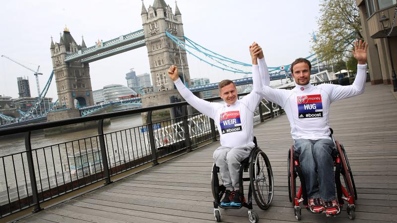 David Weir and Marcel Hug attend the photocall for the 2015 IPC Athletics Marathon World Championships at Tower Hotel.