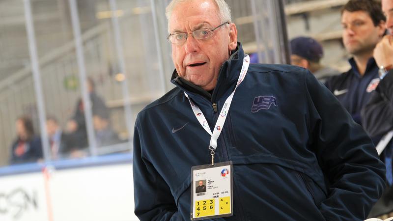 Jeff Sauer, coach of Team USA, in the preliminary game against Germany at the 2015 IPC Ice Sledge Hockey World Championships A-Pool in Buffalo, USA.