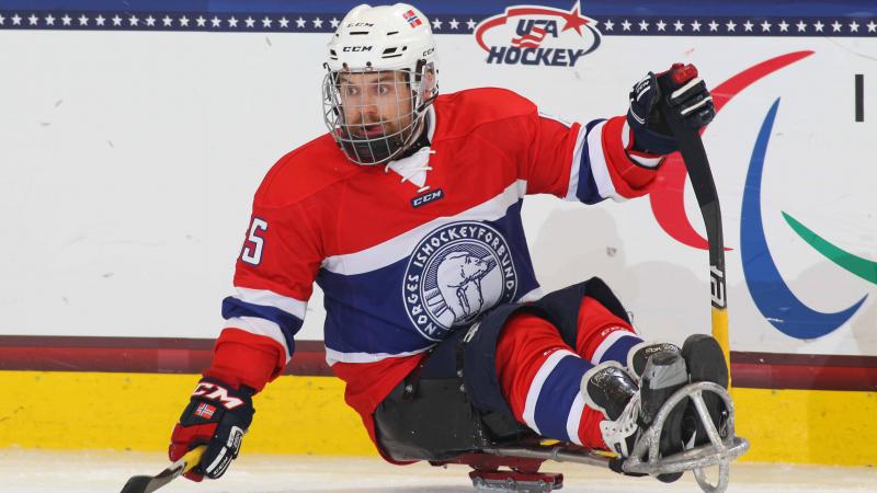 Thomas Jacobsen of Norway competes at the 2015 IPC Ice Sledge Hockey World Championships A-Pool in Buffalo, USA.