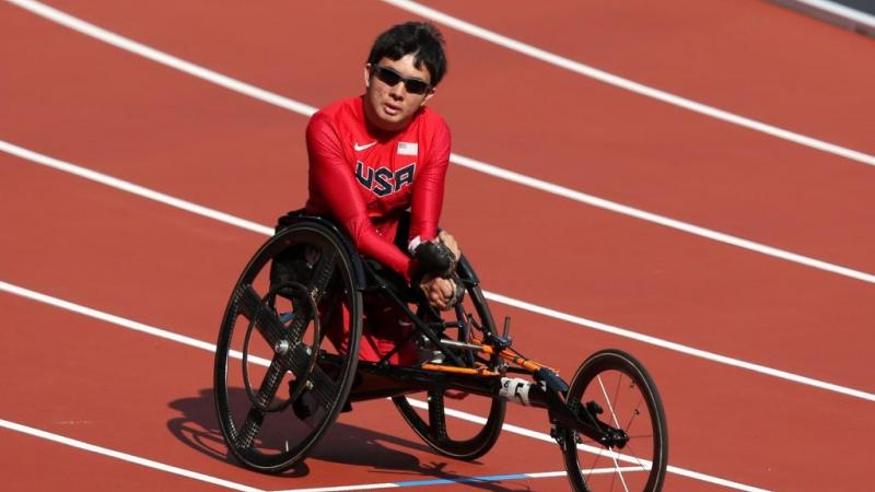 Raymond Martin of the United States competes in the Men's 400m T52 heats at the London 2012 Paralympic Games.