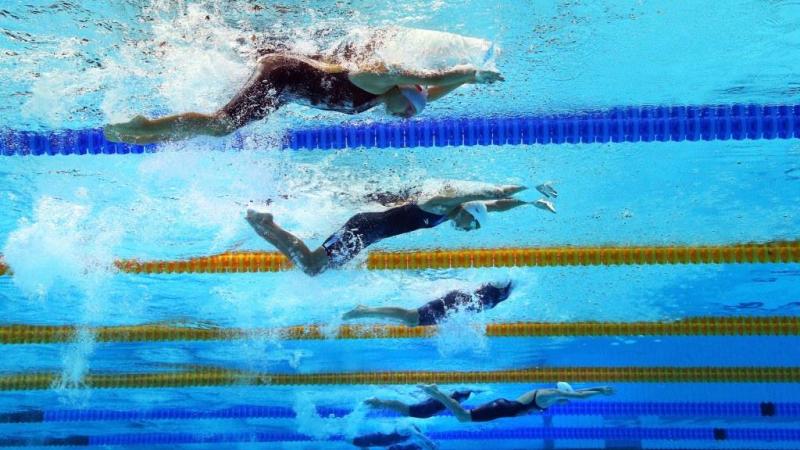 (L-R) Lenka Zahradnikova of Czech Republic, Maryna Shtal of Ukraine, Deborah Font of Spain, Darya Stukalova of Russia, Yaryna Matlo of Ukraine, Raquel Viel of Brazil and Nicole Frycova of Czech Republic compete in the Women's 200m Individual Medley - SM12 heat at the London 2012 Paralympic Games.