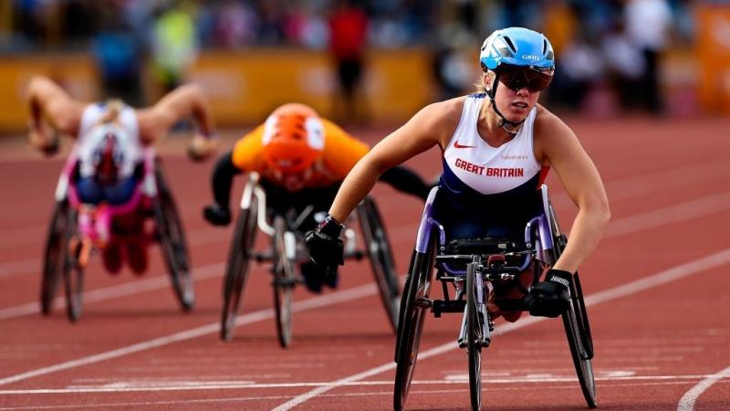 Hannah Cockroft of Great Britain wins the Women's 100m T34 during the Diamond League at Alexander Stadium on August 24, 2014 in Birmingham, England.