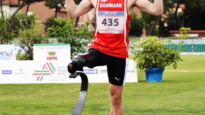 Denmark’s Daniel Jorgensen after breaking own long jump T42 world record in Grosseto, Italy.