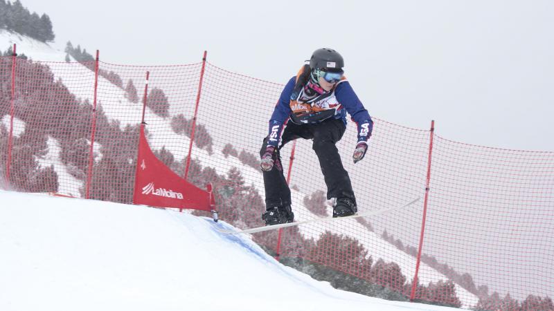 Brenna Huckaby of USA competes at the 2015 IPC Snowboard World Championships.