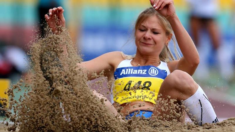 Russia's Margarita Goncharova jumps a new world record in the woman's long jump at the IPC Athletics Grand Prix Berlin 2015 at Friedrich-Ludwig-Jahn-Sportpark.