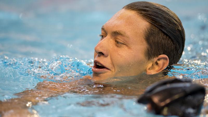 Kevin Paul of South Africa competing in the Men's 100m Breaststroke SB9 at the 2015 IPC Swimming World Championships in Glasgow.