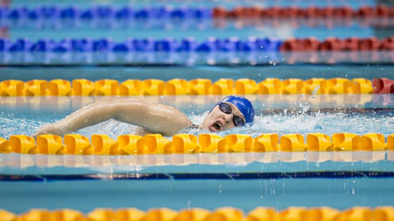 Yelyzaveta Mereshko of Ukraine competing in the Women's 400m Freestyle S6 at the 2015 IPC Swimming World Championships in Glasgow.