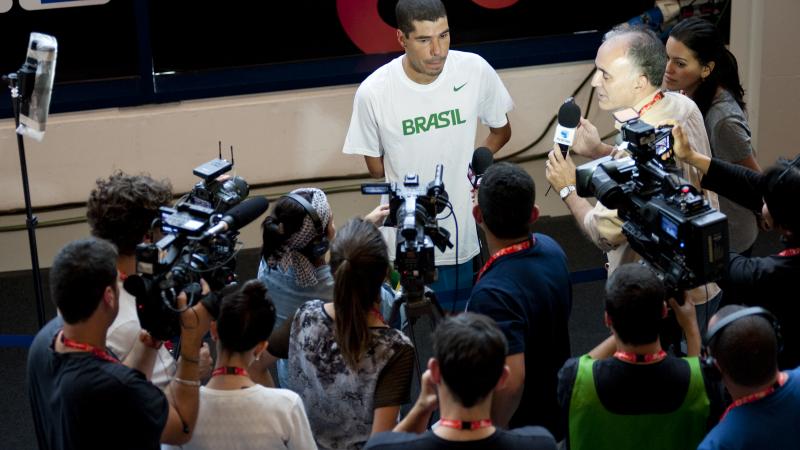 Daniel Dias of Brazil at the 2015 IPC Swimming World Championships in Glasgow, Great Britain, in the mixed zone.