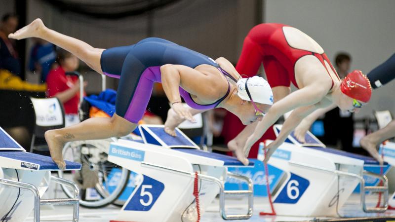 Swimmers launch into the pool