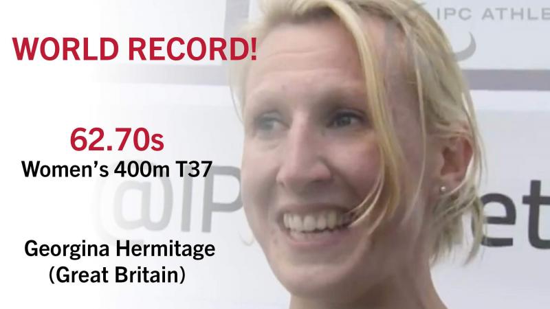 Graphic with a portrait picture of a woman and the text: World Record, 62.70s women's 400m T37, Georgina Hermitage, Great Britain