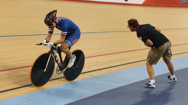 The USA's Allison Jones competes in the women's individual C1-2-3 pursuit at the London 2012 Paralympic Games.