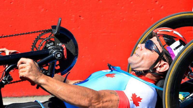 Mark Ledo of Team Canada competes in the men's individual H3 road race in the 2012 London Paralympics at Brands Hatch.