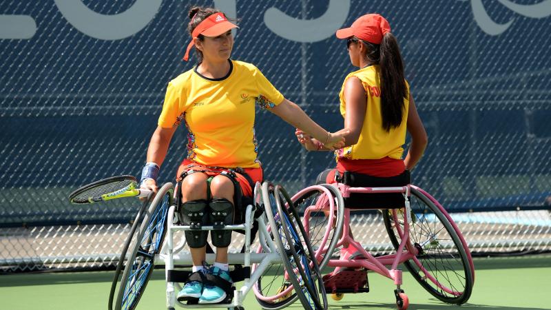 Angelica Bernal and Johana Martinez (Colombia) during the Women's Doubles Semi-Final against USA in Toronto at the 2015 Parapan American Games.