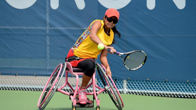 Angelica Bernal, Colombia, in the women's doubles semi-final against USA at the Toronto 2015 Parapan American Games.