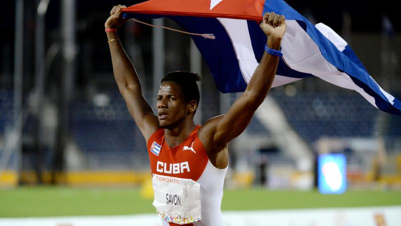 Leinier Savon Pineda of Cuba celebrating after the Men's 200M T12 in Toronto at the 2015 Parapan American Games.