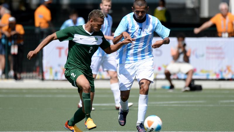 Jonato Santos Machado of Brazil and Pablo Molina Lopez of Argentina during the Gold Medal match at the Toronto 2015 Parapan American Games. 