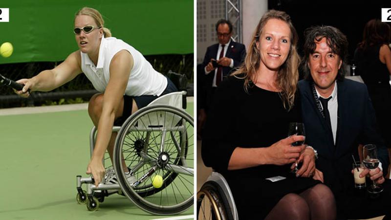 Montage with two photos, one showing a woman playing wheelchair tennis, one a woman in a wheelchair in a dress, posing with a man