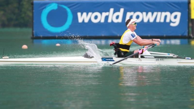 Erik Horrie competes at the 2015 World Rowing Championships is held in Aiguebelette, France.