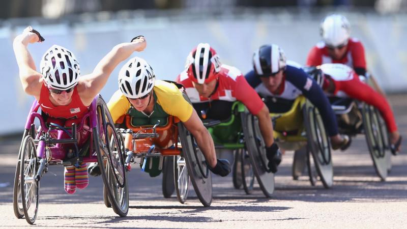 Group of wheelchair athletes at the marathon race of the London 2012 Paralympic Games
