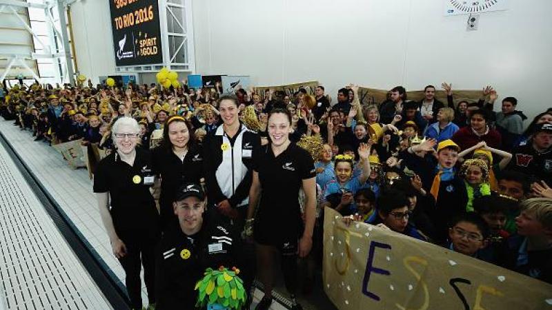 New Zealand Paralympic athletes Emma Foy, Mary Fisher, Laura Thompson, Sophie Pascoe and Michael Johnson pose for a photo during the Paralympics New Zealand Spirit of Gold campaign launch to mark '1 Year To Go' until Rio 2016 Paralympic Games