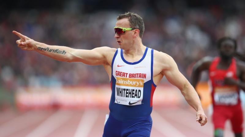 Richard Whitehead of Great Britain celebrates winning the Men's 200m T42 race during at the Sainsbury's Anniversary Games in London, England.