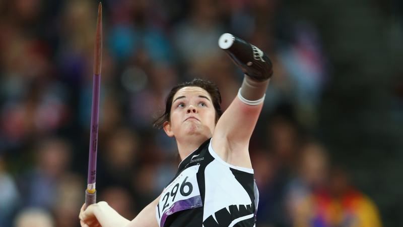 Holly Robinson of New Zealand competes in the Women's Javelin Throw - F46 Final at the London 2012 Paralympic Games. 