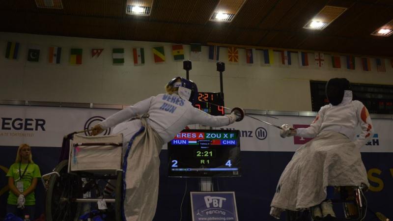 Two wheelchair fencers battle it out at the 2015 World Championships