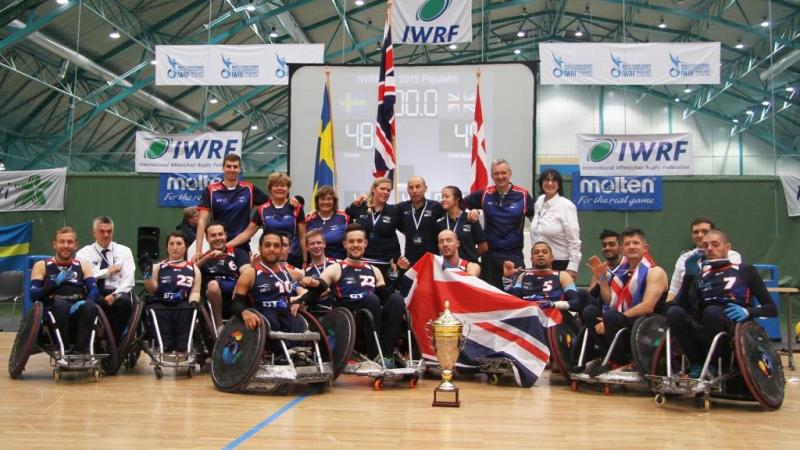 The Great Britain team celebrate after winning the wheelchair rugby final match between Great Britain and Sweden at the 2015 European Championship in Pajulahti, Finland.