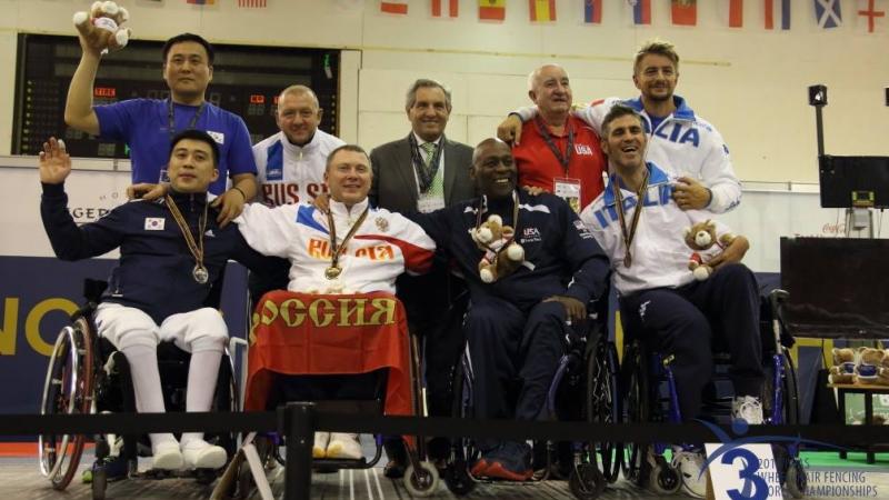 Medal ceremony at the Wheelchair Fencing World Championships in Eger Hungary.