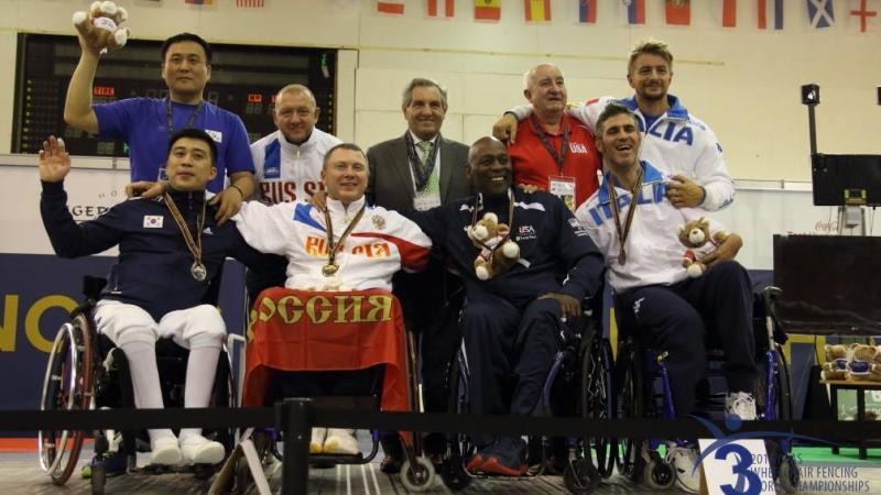 Medal ceremony at the Wheelchair Fencing World Championships in Eger Hungary.