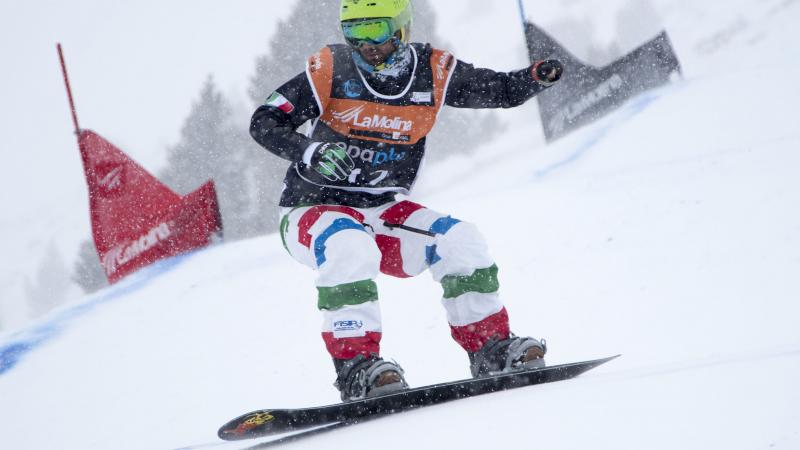 Manuel Pozzerle competes at the 2015 IPC Snowboard World Championships in La Molina, Spain.