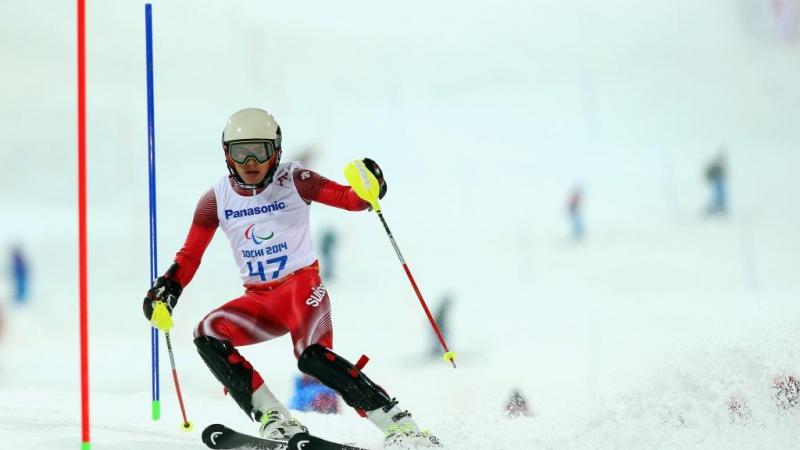 Robin Cuche of Switzerland competes in the Men's Slalom 2nd Run - Standing at the Sochi 2014 Paralympic Winter Games.
