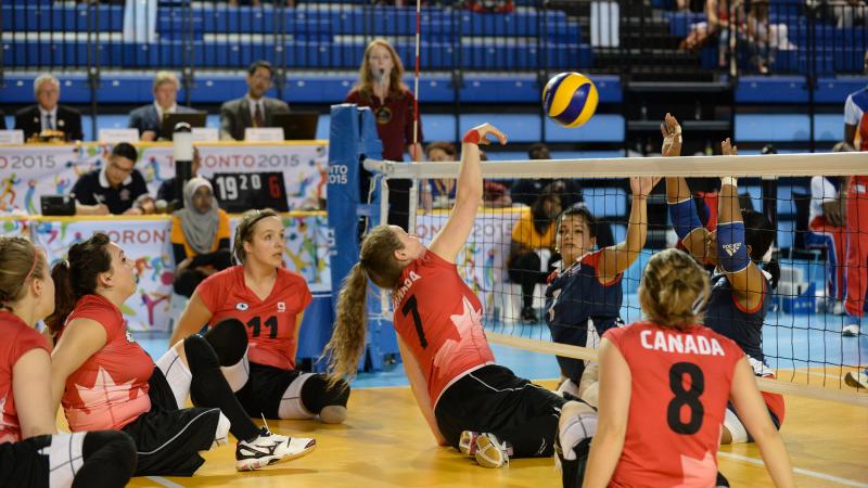 Canada's women's sitting volleyball team playing Cuba in the bronze medal game at the Toronto 2015 Parapan American Games.