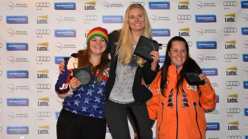 Heidi Jo Duce, Lisa Bunschoten and Enya van Egmond at the IPC Snowboard World Cup in Landgraaf