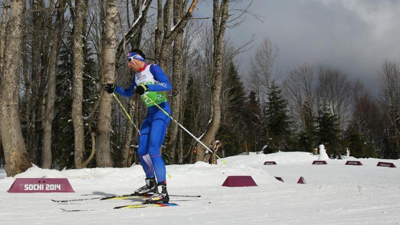 Thomas Clarion of France competes in the 4 x 2.5km Open Relay cross-country at the Sochi 2014 Paralympic Winter Games.