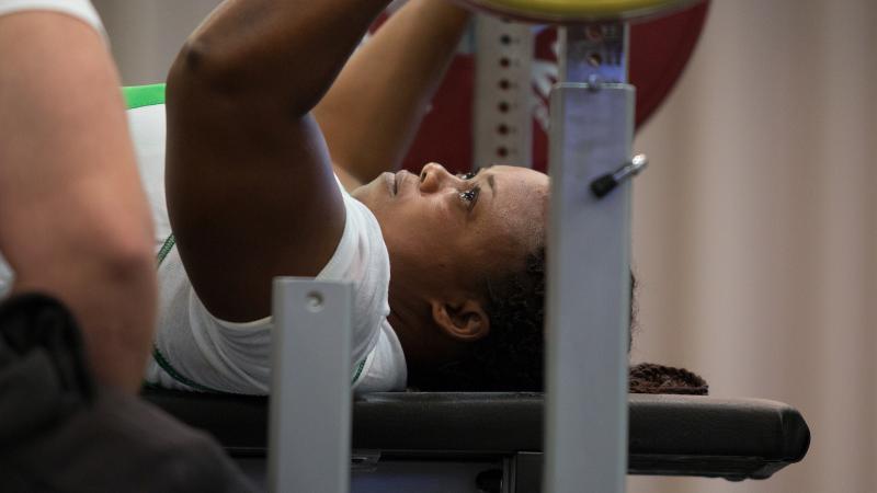 Virginia Azu competes at the 2015 IPC Powerlifting European Open Championships in Eger, Hungary.