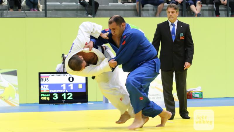 Ilham Zakiyev v Abdula Kurmagomedov - Azerbaijan, Russia - 2015 IBSA European Judo Championships Two judoka in action