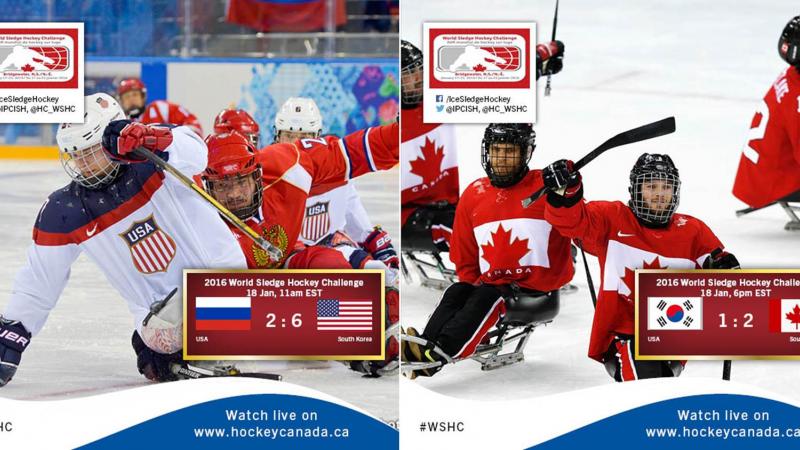 Two graphics with ice sledge hockey results, illustrated by photos