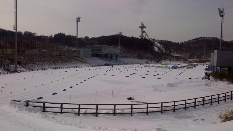 View on a biathlon stadium, covered with snow