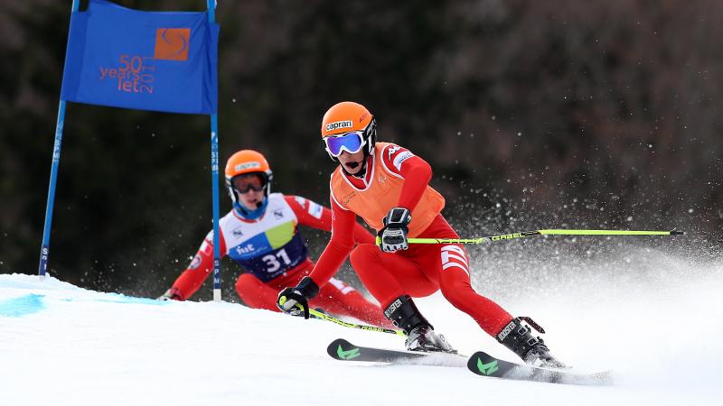 Skier and his guide on a slope