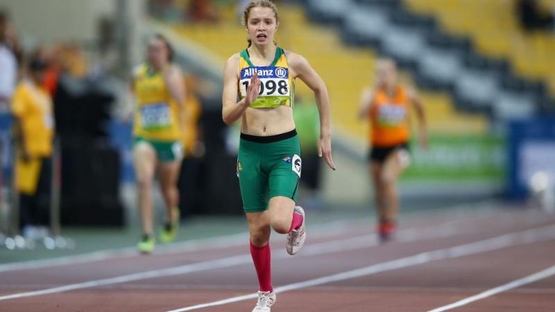 Isis Holt of Australia competes in the women's 200m T35 final during the Evening Session at the 2015 IPC Athletics World Championships in Doha, Qatar.