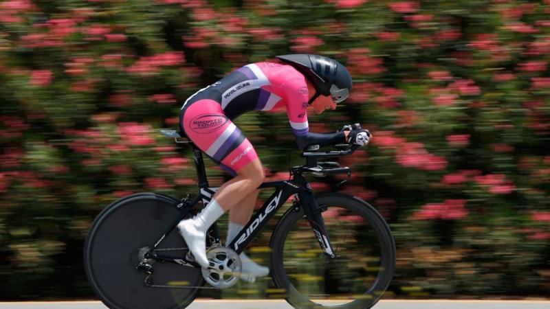 Dame Sarah Storey of Great Britain races in the women's individual time trial at the 2015 Amgen Tour of California on May 15, 2015 in Valencia, California.