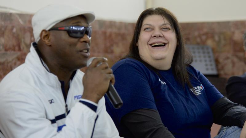 Italian throwers Assunta Legnante and Oney Tapia at the launch of the 2016 IPC Athletics European Championships in Grosseto, Italy.