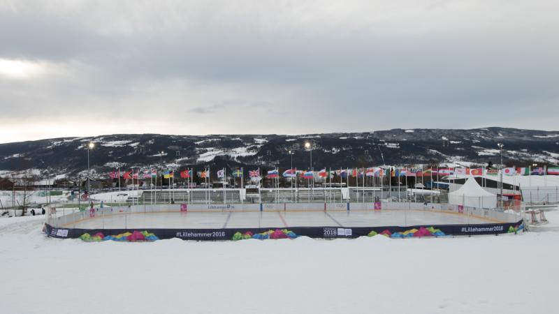 General view on ice stadium in a snowy landscape