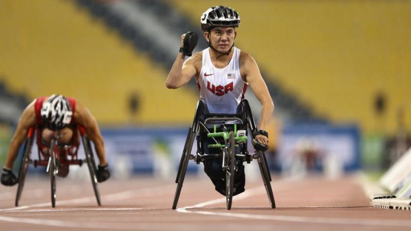 Raymond Martin of the United States wins the men's 1500m T52 final at the 2015 IPC Athletics World Championships in Doha, Qatar