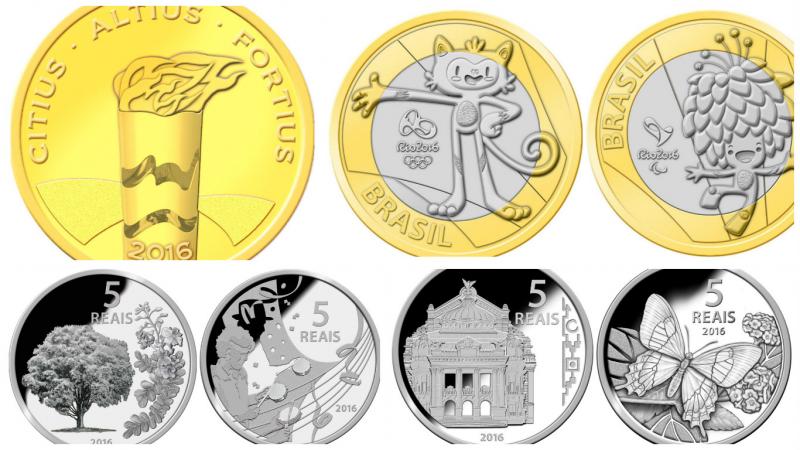 Seven coins with some Rio 2016-related designs